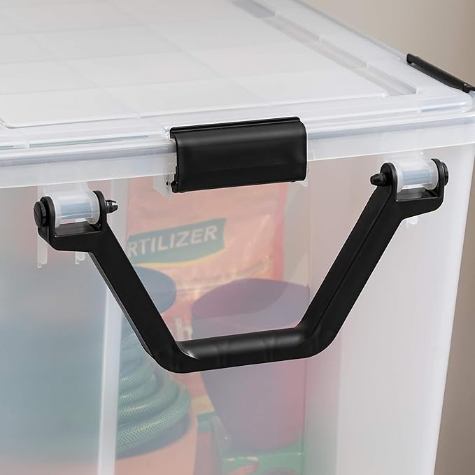 IRIS USA WeatherPro 103 Qt Storage Bins with Lids, 4 Pack, BPA-Free Plastic Gasket Box with Tight Latch and Seal, Stackable Nestable Tote Tub - Clear/Black