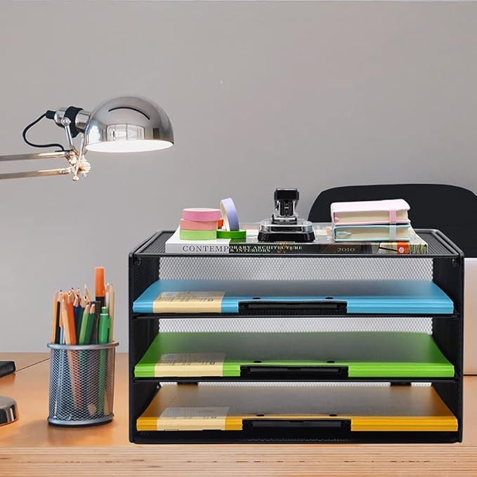 COSYAWN 3 Tier Mesh Desk Paper Tray Organizer, File Organization for Letter Document, Desktop Mail Storage Holder for Office Home School, Black
