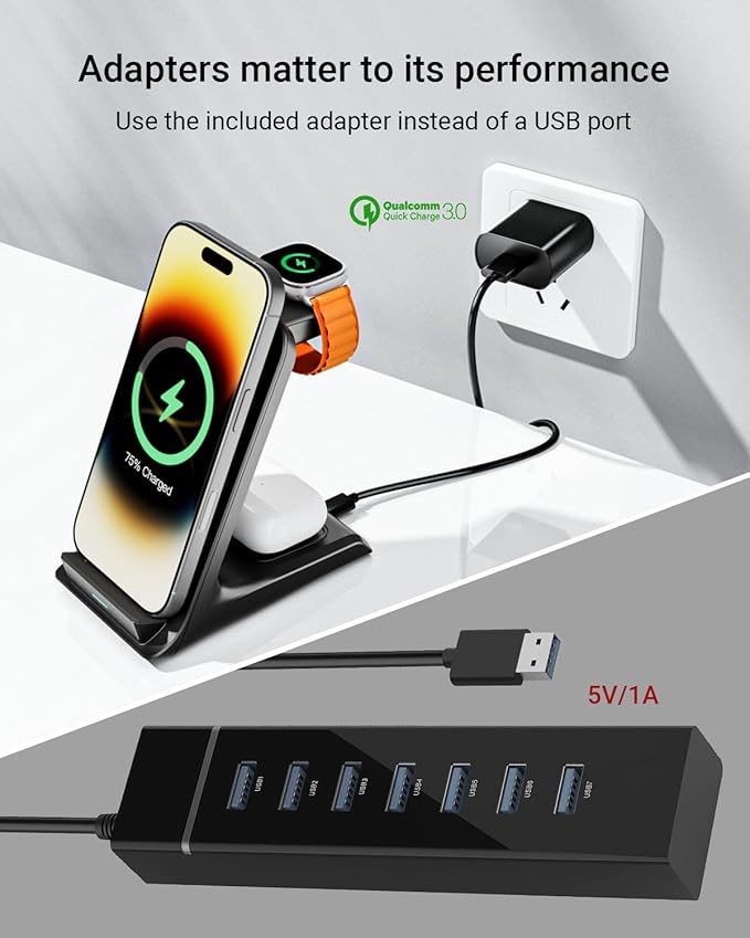 Wireless Charger for Thick Cases of 10MM/Otterbox/Heavy Duty, 3 in 1 Charging Dock for iPhone 17 16 15 14 Pro Max, Phone Stand Charging Station for Multiple Devices for Apple Watch/AirPods