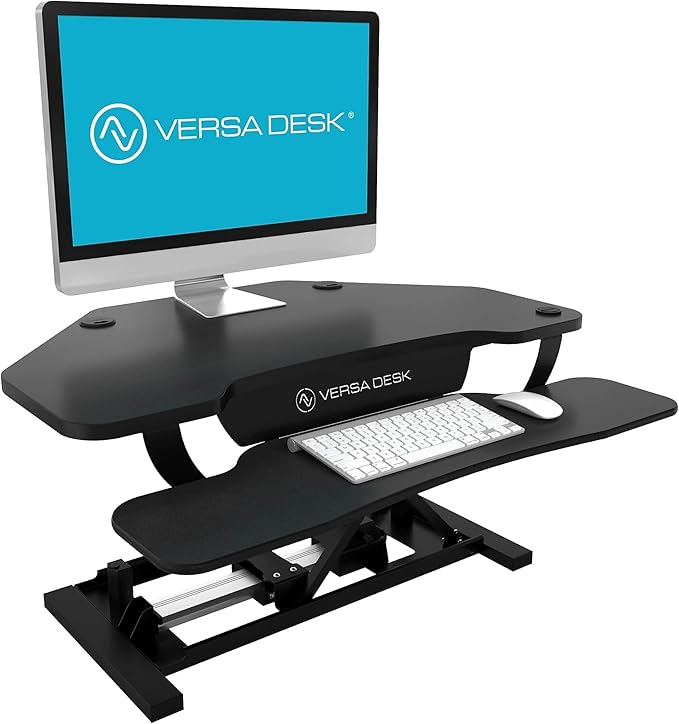 VERSADESK® PowerPro™ 36" Corner Standing Desk Converter, 36 Inch Motorized Height-Adjustable Standup Desk Riser Sit to Stand Desktop with Keyboard and Mouse Tray + USB Charging Port, Black