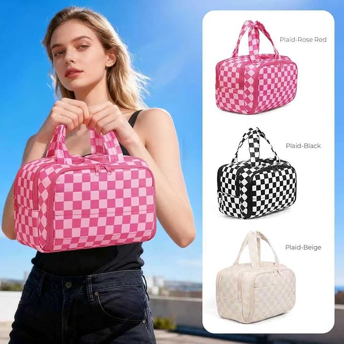 Travel Toiletry Bag, Spacious Hot Pink Checkered Toiletry Bag for Women,Large Toiletry Bags for Traveling,Lightweight Travel Cosmetic Makeup Bag Organizer for Accessories,Toiletries (Pink Checkered)