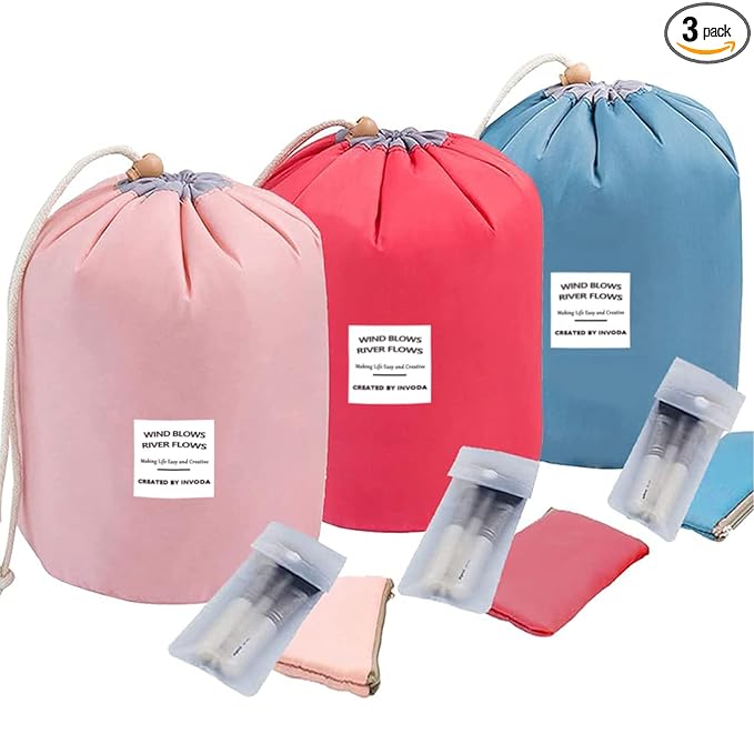INVODA Drawstring Cosmetic Bag 3PCS Travel Makeup Bag for Women Toiletry Bag Portable Drawstring Make up Organizer Bag for Travel (Pink+Red+Blue)