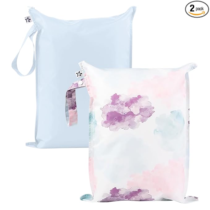 Tiny Twinkle Mess Proof Wet Bags | 2-Pack Reusable Waterproof Wet Bags for Swimsuits | Baby Clothes | Travel & Diaper Bag (Cotton Candy)