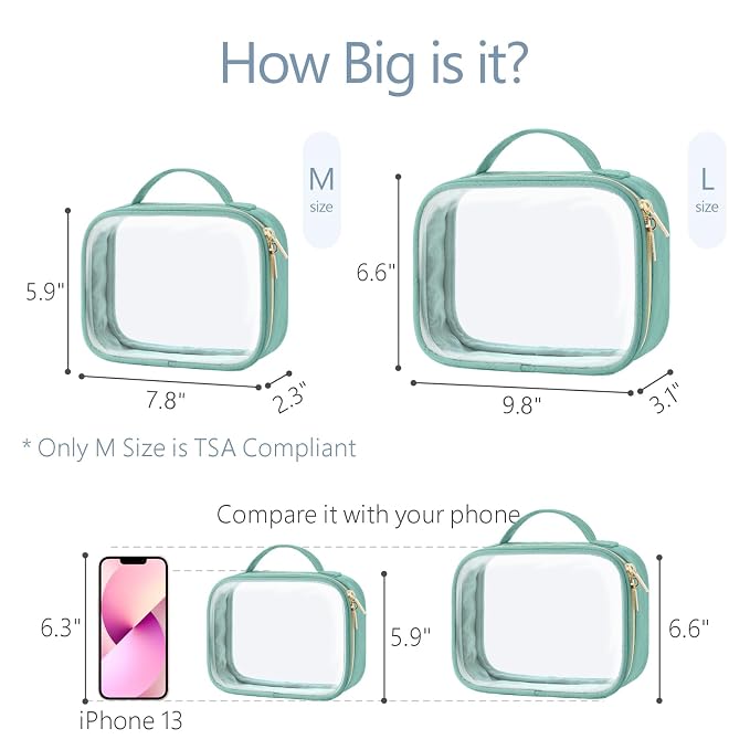 PACKISM Clear Makeup Bag Combo Pack, 1 TSA Approved Medium & Large for Checked Luggage, Clear Toiletry Bag with Handle, Water-resistant Travel Essentials Organizer, Turquoise Green