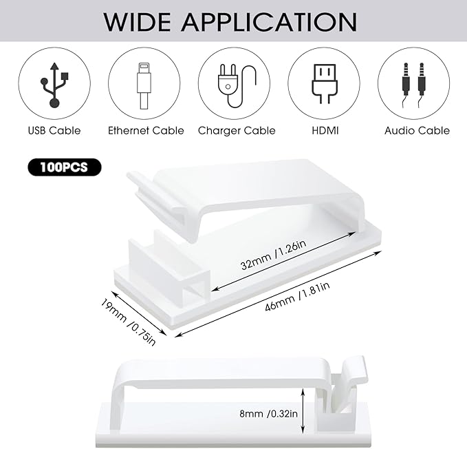 Hicarer 100 Pcs Christmas Light Clips Adhesive Hooks for Outdoor String Cable Wire Clips Adhesive Wire Management Cord Holder for The Wall, Under Desk, Car, Office and Home (x-Large, White)