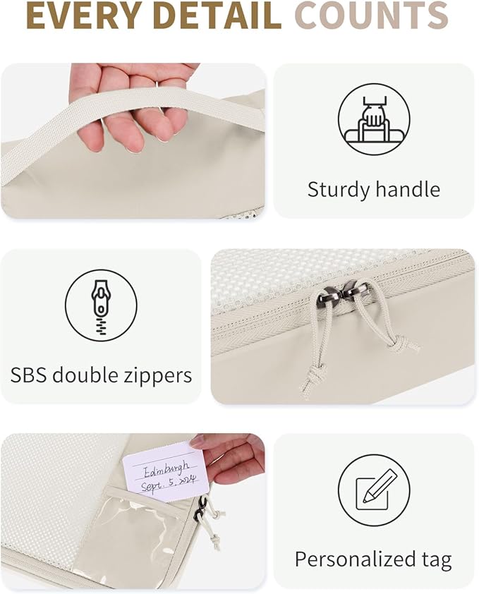 ECOHUB 6 Set Packing Cubes for Travel Durable Suitcase Organizer Bags Set with Personalized Tag Travel Essentials with Shoe Bag Traveling Accessories for Luggage Machine Washable, Beige