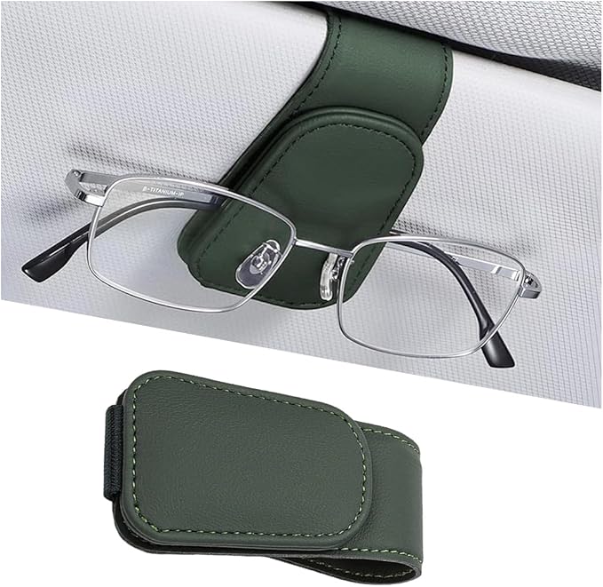 Sunglasses Holder for Car Visor, Microfiber Leather Magnetic Sun Visor Eyeglasses Hanger & Ticket Card Clip, Multi-Function Automotive Interior Glasses Mount, Universal Fit (Black Green)