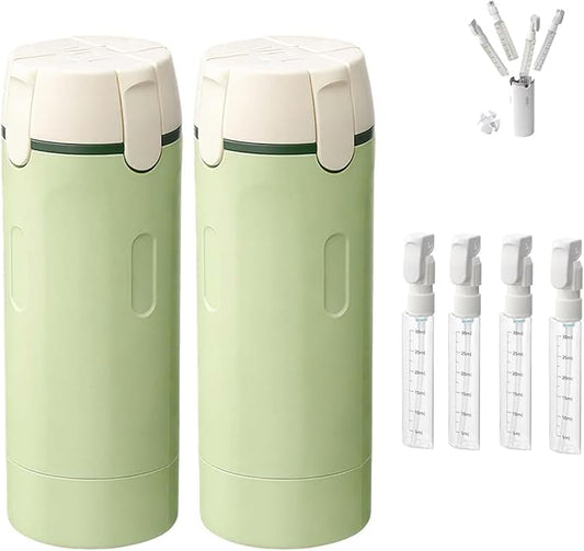 HISKI 4 in 1 Travel Bottles for Toiletries,Portable Travel Toiletries Bottle Set, Portable Containers for Shampoo Lotion Conditioner Cream Transparent with Scale and Label (Green-2PCS)