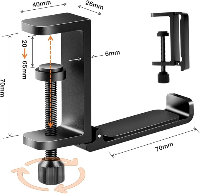 Metal Heavy Duty Foldable Headphone Holder for Desk, Headset Stand for Desk,Backpack Holder Hook for Desk,Bag Hook Under Desk,Clamp Hook for Desk Attachments,Black