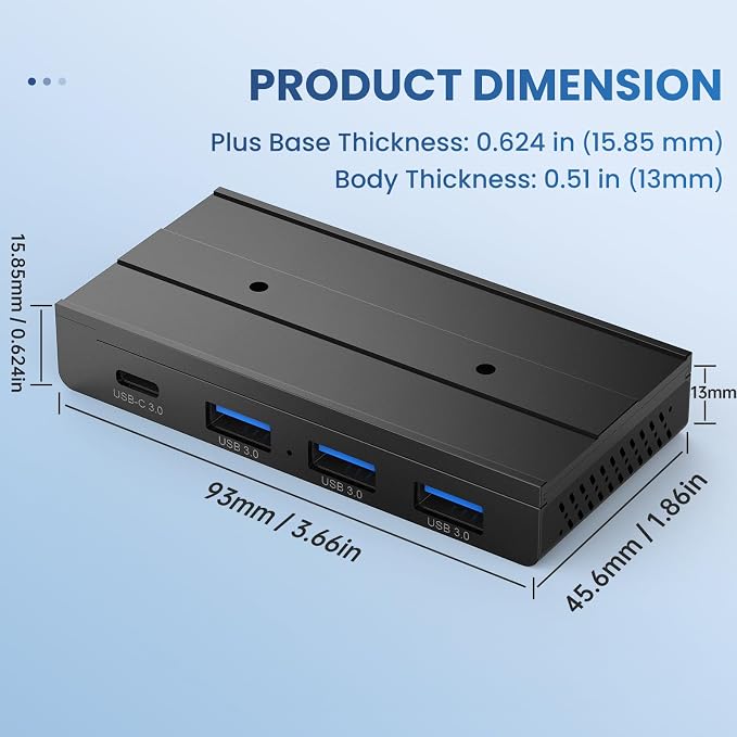 EJAY 4-Port Magnetic USB Hub, 3 USB 3.0 + 1 Type C Port, 5Gbps Data Transfer, Includes 2 Packs Sliding Rail, Screws and Sticky Pads, Compatible with MacBook, Laptop, PC
