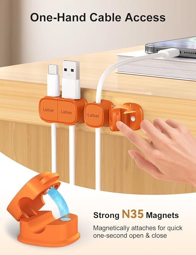 6 Pack Magnetic Cable Clips [1s Open/Lock], Laitver Cord Organizer Holder Strong Adhesive Desk Cable Management- Organize Charging Cords Neatly for Home, Office, Car,Desk, Nightstand-Orange