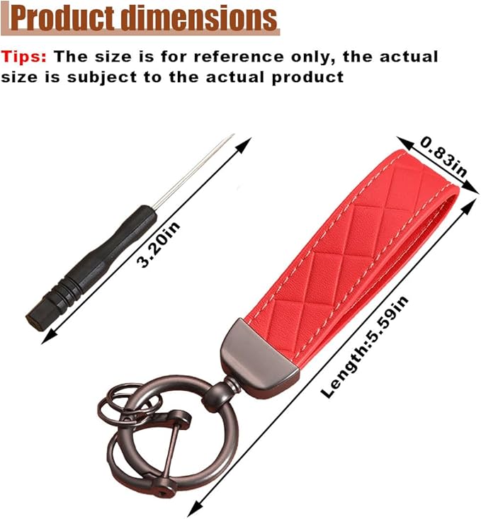Leather Car Keychain - 360 Degree Snap Swivel Key Ring - Key Tag Car Key Fob Keychain Holder with Anti-Lost D-Ring - Key Organizer for Men Women (Red)