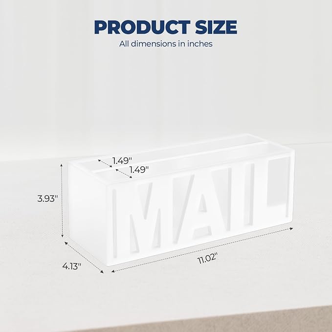 Mail Organizer Countertop – White Holder for Desk or Wall, Decorative Desktop Sorter, Envelope Tray & Bill Storage with Compact Size for Home Office Organization Accessories (11x4x4 in)