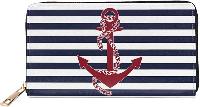 Nautical Anchor Print Leather Wallet Phone Credit Card Money Holder with Many Rooms Zipper Purse for Women Men