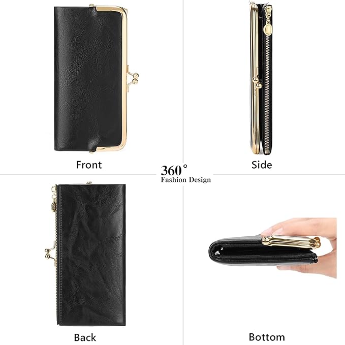 Vintage Wallets for Women Large Bifold Kiss Lock Wallet for Women Leather Zip Clutch Coin Purse