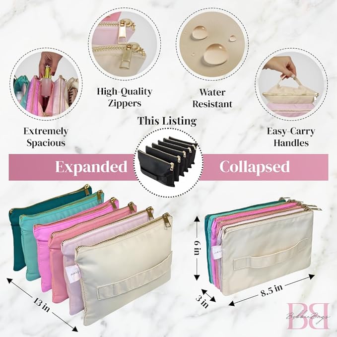 BOBBIE Accordion Travel Makeup Bag, Large Capacity Cosmetic Bags for Women, Durable & Compact Make up Organizer, Lightweight & Portable Zipper Pouch, Water-Resistant Toiletry Bag with 6 Compartments