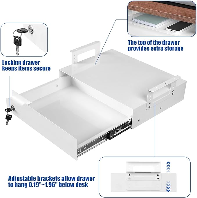 Under Desk Drawer Storage with Lock, Metal Undermount Table Drawer, Ball Bearing Slides Out Tray Organizer for Paper, Pencil, and Laptop 17.3"x11.8"x5.4", White with Adjustable Brackets