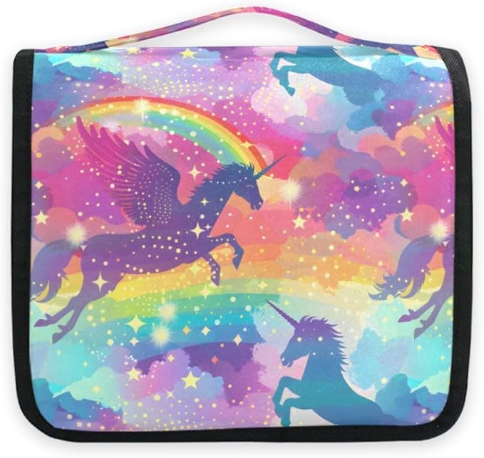 senya Hanging Travel Toiletry Bag Cute Kit Makeup Case Cosmetics Organizer for Men Women (Rainbow Winged Unicorn)