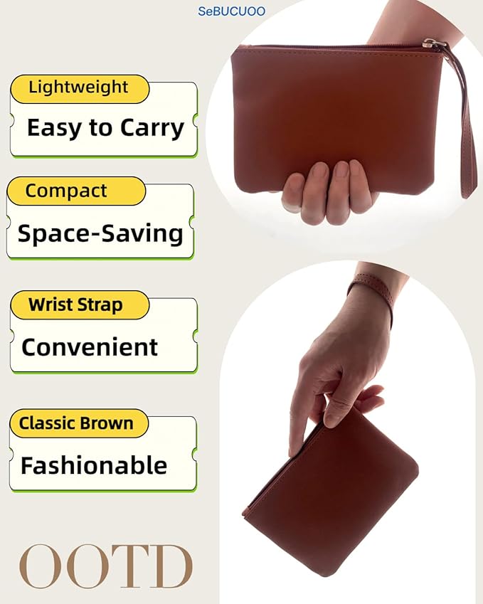 Small Makeup Bag for Purse Mini Cosmetic Pouch Zipper Little Wristlet, Tiny Make Up Organizer Lipstick Feminine Product Car Change Coin Holder for Women, 4.5 x 6.5 Clutch Stadium Approved, 1 Brown