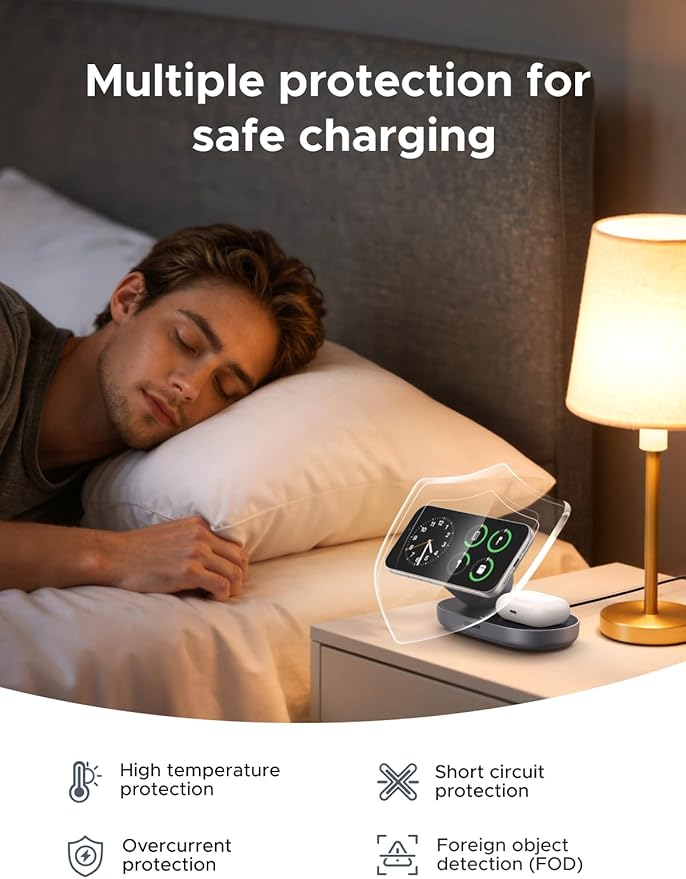 UGREEN Qi2 15W Wireless Charger 2-in-1, MagSafe Compatible Fast Charging Stand for iPhone 17 16 15 14 13 12 Series and AirPods, Fixed Viewing Angle, Compact Desktop Charging Station