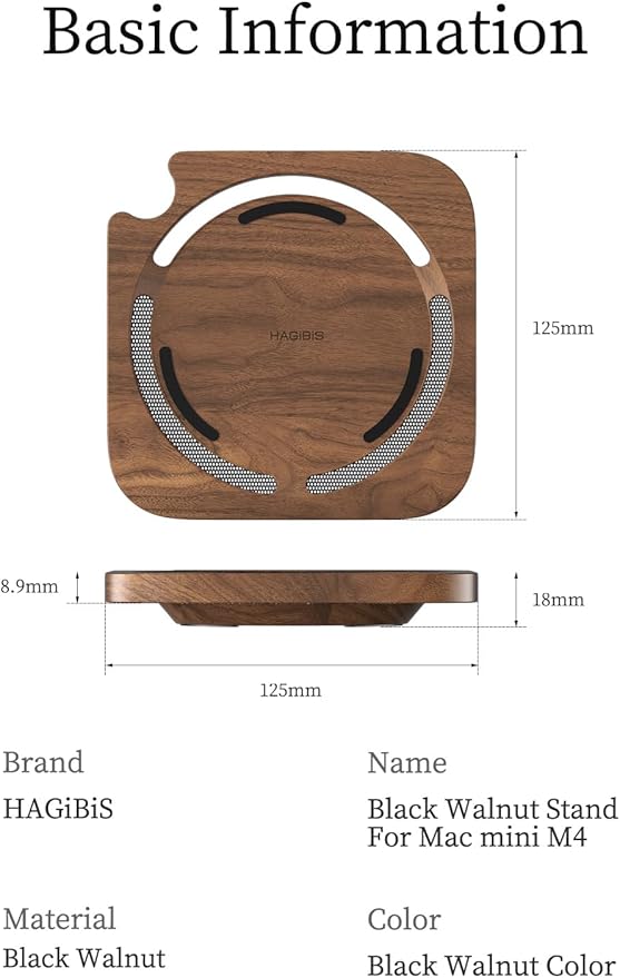 Hagibis Mac mini Stand, Black Walnut Desktop Stand Dustproof Laptop Holder Cooling Heat Disspation Mount for Mac mini M4 Pro 2024 (MMP04)