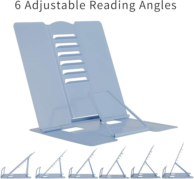 Blizzow Desk Book Stand Holder - Hands Free, Adjustable Metal Stand, Lightweight Foldable Portable - Cookbook, Tablet, Music Book, Documents (Light Blue)