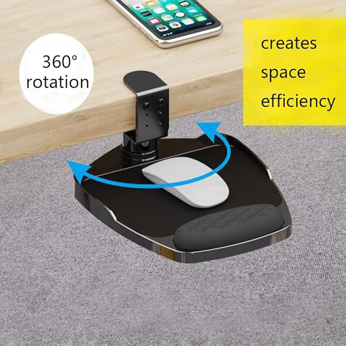 Clamp-on Mouse Tray Under Desk Adjustable Clamp Rotating Wrist Mouse Extended Holder for Desks Computer Platform Tray Padding Arm Rest Pad Black