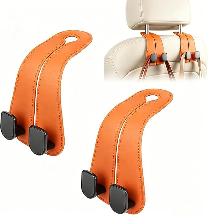 CHOSMOYI 2 Packs Car Seat Hooks, Leather Car Headrest Hook, Car Purse Hook Seat Back Hanger Storage Organizer, Car Hook for Purses and Bags(Coral Orange)
