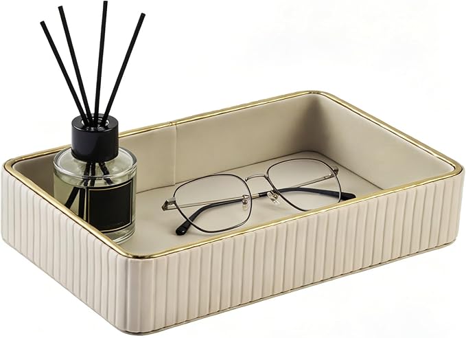PU Leather Valet Tray,Desk Organizer Tray Nightstand Organizer Trinket Dish Storage Key Bowl Decorative Trays for Phone Wallet Jewelry Watch,Bathroom Bedroom Perfume Vanity Trays,Beige