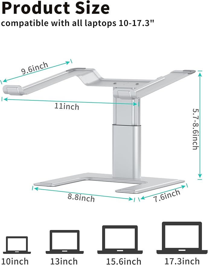 ALASHI Laptop Stand for Desk, Computer Stand Adjustable Height, Ergonomic Notebook Laptop Riser, Aluminum Metal Holder Compatible with 10 to 17.3 Inches Notebook PC Computer, Silver