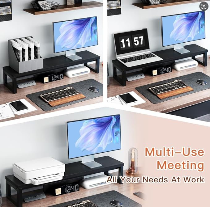 Dual Monitor Stand Riser, Wood and Steel Monitor Stand for Desk, Multi-Purpose Desk Shelf Organizer for Computer, Laptop, Printer, TV, Black