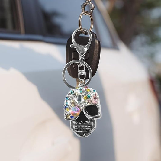Bling Skull Car Keychain, Funny Metal Auto Key Ring Organizer, Driver Key Fob Holder Present for Men Women (Silver)