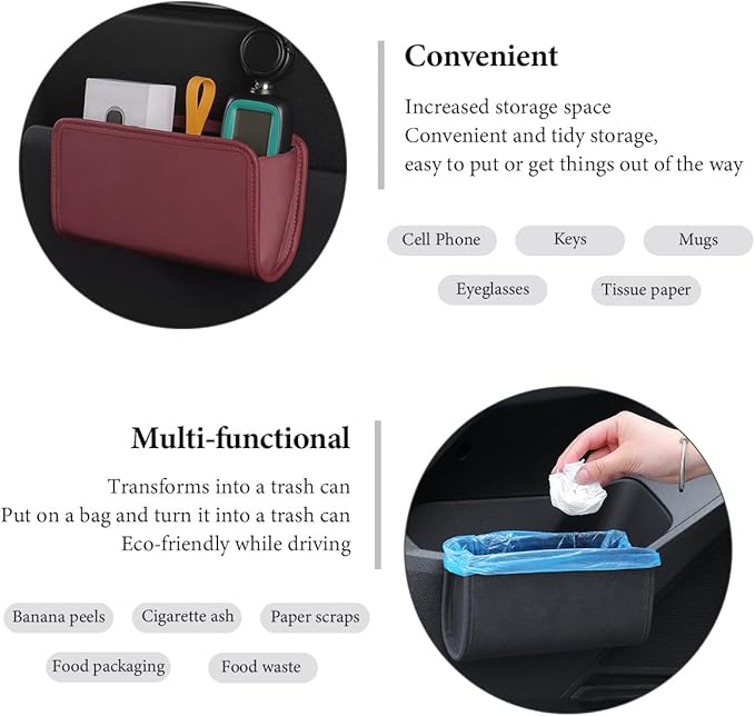 DXNQ Car Trash Can, Foldable Leather Hanging Trash Bag, Multi-Function Mini Storage Box Garbage Can for Car, Wine Red