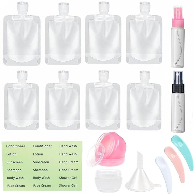 SEQUHITKU 17 Pack Travel Pouches for Toiletries,TSA Approved,Travel Size Portable Containers,Stand Up Pouch,Refillable Travel Accessories for Shampoo Conditioner Lotion Soap Liquids (C-17pcs)