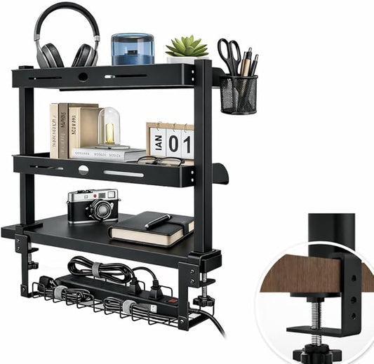Clamp On Desk Shelves Organizer, Adjustable 2-Tier Desk Storage Rack with Large Trays, Phone Stand & Headphone Hook, No-Drill Setup for Office & Gaming Desks