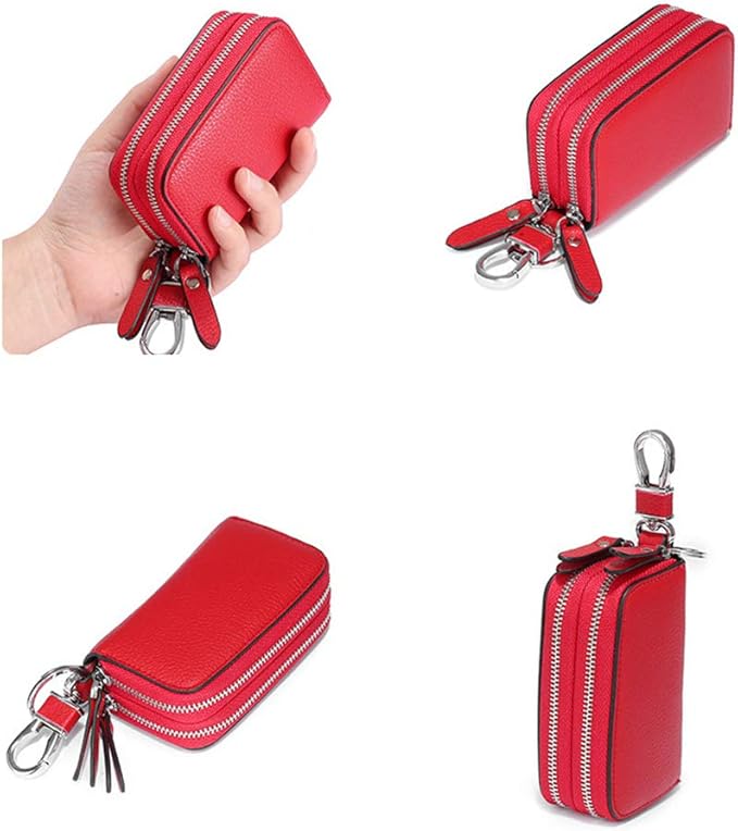 Key Fob Case Genuine Leather, Double Zipper Car Key Holder & Key Wallet with Keychain, Key Pouch for Purse Gift