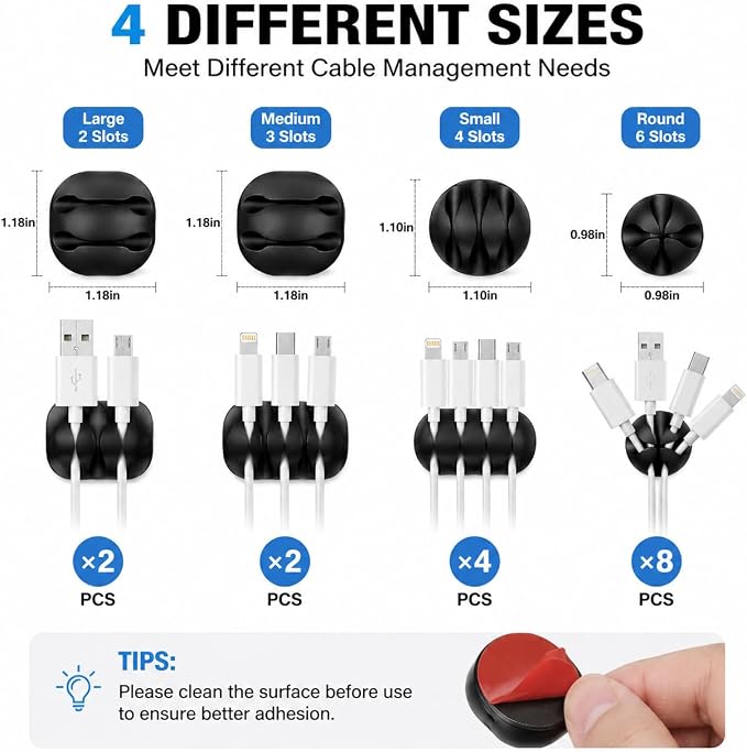 16-Pack Black Adhesive Cable Clips - Cord Organizer for Desk Wall Car, Strong Sticky Wire Management Holders for iPhone Charger USB Computer Cables, Tidy Cord Keeper with Removable Backing
