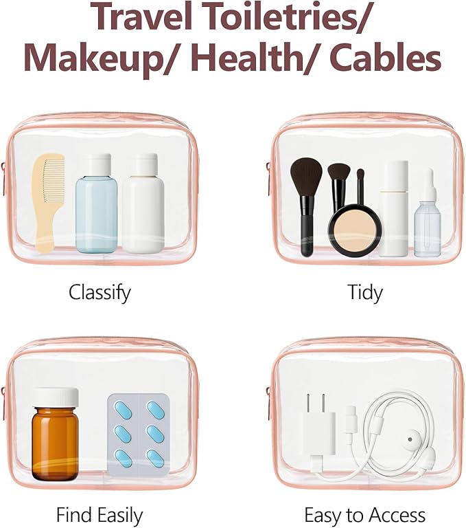 PACKISM TSA Approved Toiletry Bag 2 Pack - 1 Medium TSA Quart Carry-On & 1 Large for Checked Luggage, Water-resistant Clear Makeup Bag Clear Travel Bags for Toiletries, Rose Pink