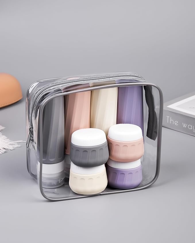Mrsdry Travel Bottles for Toiletries 8 Pack, Travel Size Toiletries, Tsa Approved Travel Size Containers 3oz, with Travel Essentials Clear Bag, Leak Proof Silicone Squeezable Creams Jars
