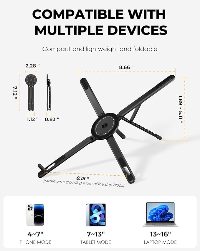 SupeDesk Adjustable Laptop Stand, 3-in-1 Magnetic Foldable Stand for Laptop, Tablet & Phone, Portable Aluminum Laptop Riser with Multi-Angle Support for Desk, Home & Travel, Black