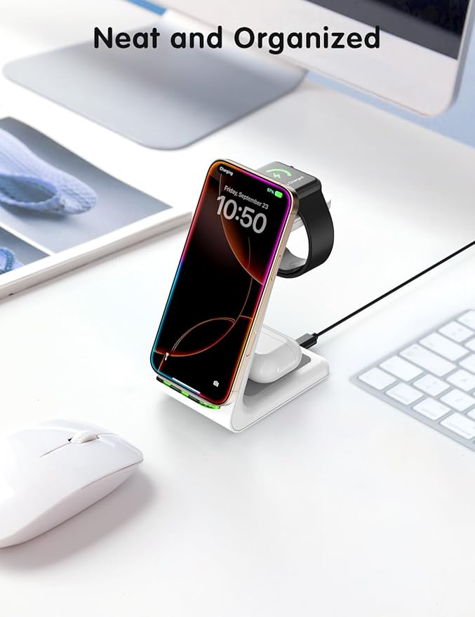 Charging Station for iPhone and Apple Watch: 3 in 1 Wireless Phone Charger Stand for iPhone 17 16 15 14 13 12 11 Pro Max & AirPods, Bedside Nightstand Docking