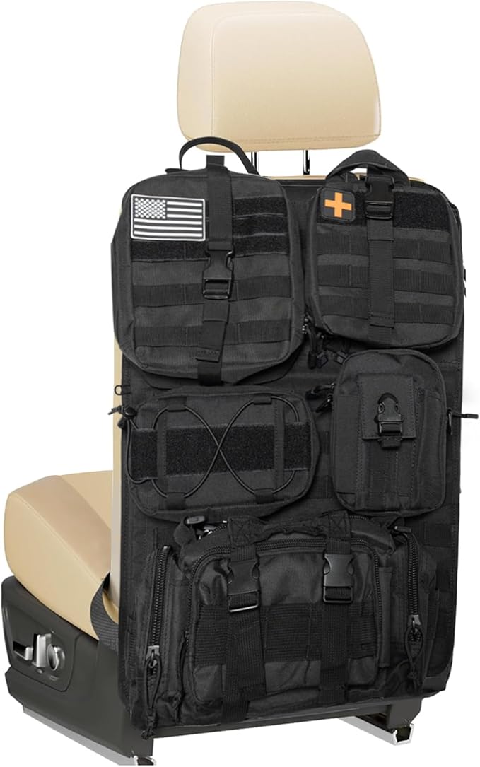 Tactical Seat Back Organizer, Molle Car Seat Organizer Panel with 5 Detachable Molle Pouch for Car Truck Ford Jeep Vehicle, Military Grade Storage Panel Backseat Protector for Man, Black