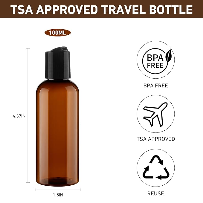 20 Pack 3.4 oz Travel Bottles for Toiletries TSA Approved Leak Proof Travel Size Containers Plastic Empty Shampoo Bottles with Labels Squeeze Bottle Toiletry Accessories(Brown)