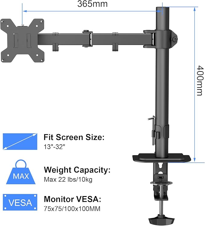 Suptek Single LED LCD Monitor Desk Mount Heavy Duty Fully Adjustable Monitor Stand for 1 / One Screen up to 27 inch