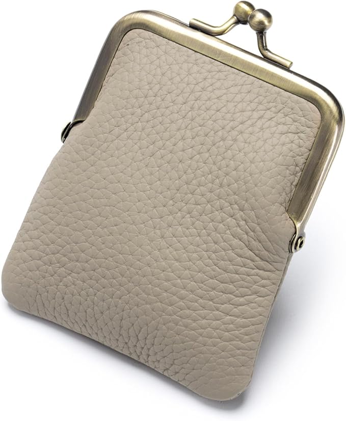 Genuine Leather Kiss Lock Coin Purse, Mini Wallet with Metal Clasp Frame, Small Change Holder，gift for women men (Gray)