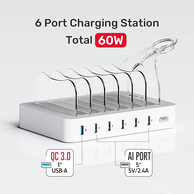 Unitek Fast Charging Station for Multiple Devices, 60W 6 Ports Charging Dock with QC 3.0, USB Charging Station Organizer with 7 Short Charging Cables for Phones, Tablets, and Other Electronics
