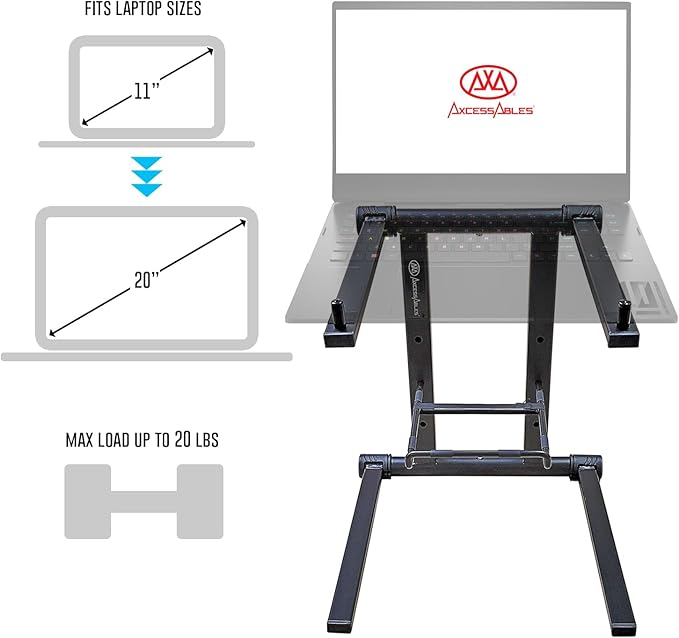 AXA AXCESSABLES DJ Laptop Stand with Travel Bag | Portable Foldable Aluminum Laptop Stand for Laptops up to 15 inches and 20lbs | No Assembly Required, Includes Carrying Bag