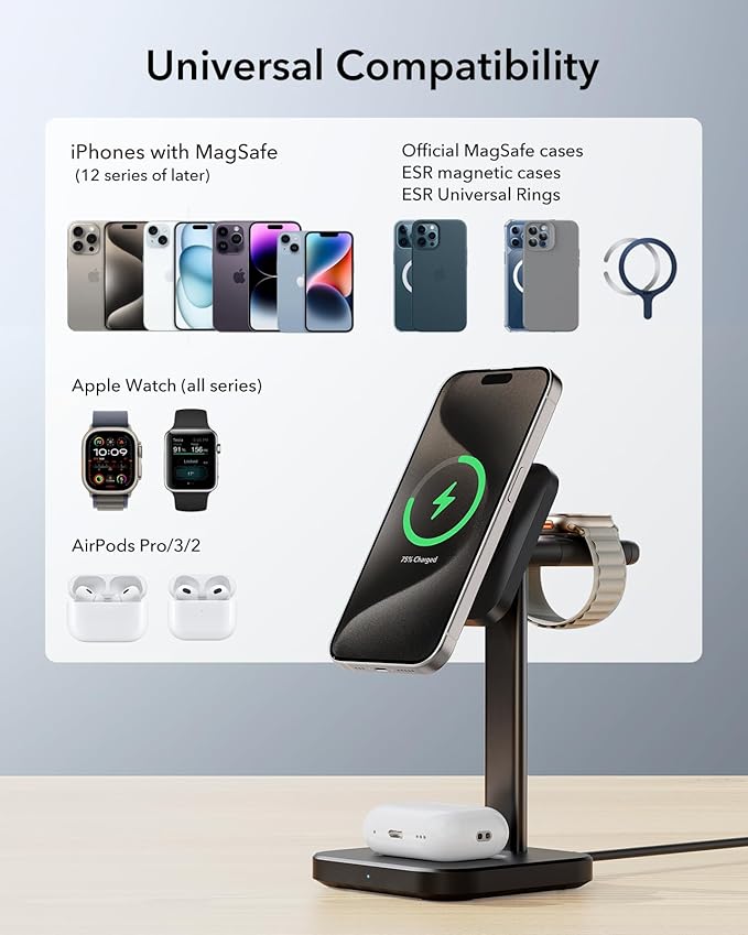 ESR 3 in 1 Wireless Charging Station for Apple[Certified] Portable Apple Watch Charger & MagSafe Charger Stand, Wireless Charger for Multiple Devices iPhone 16/15/14/13/12&Watch&AirPods, Black