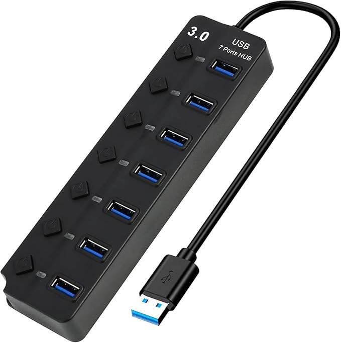 7-Port USB 3.0 Hub with Individual On/Off Switches, 5Gbps Data Transfer USB Splitter for Laptop, PC, Desktop, MacBook, Keyboard, Mouse, Flash Drive, Printer