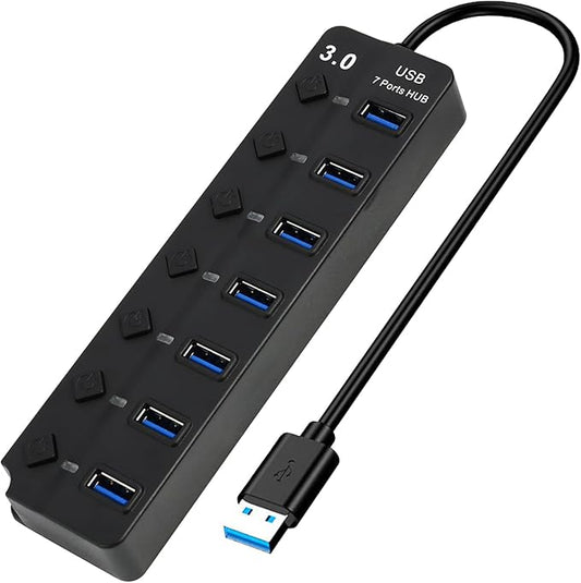 7-Port USB 3.0 Hub with Individual On/Off Switches, 5Gbps Data Transfer USB Splitter for Laptop, PC, Desktop, MacBook, Keyboard, Mouse, Flash Drive, Printer
